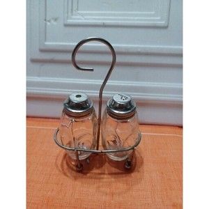 AirKo Clear Glass Salt & Pepper Shaker Set w/ Caddy Thumbprint Design Vintage